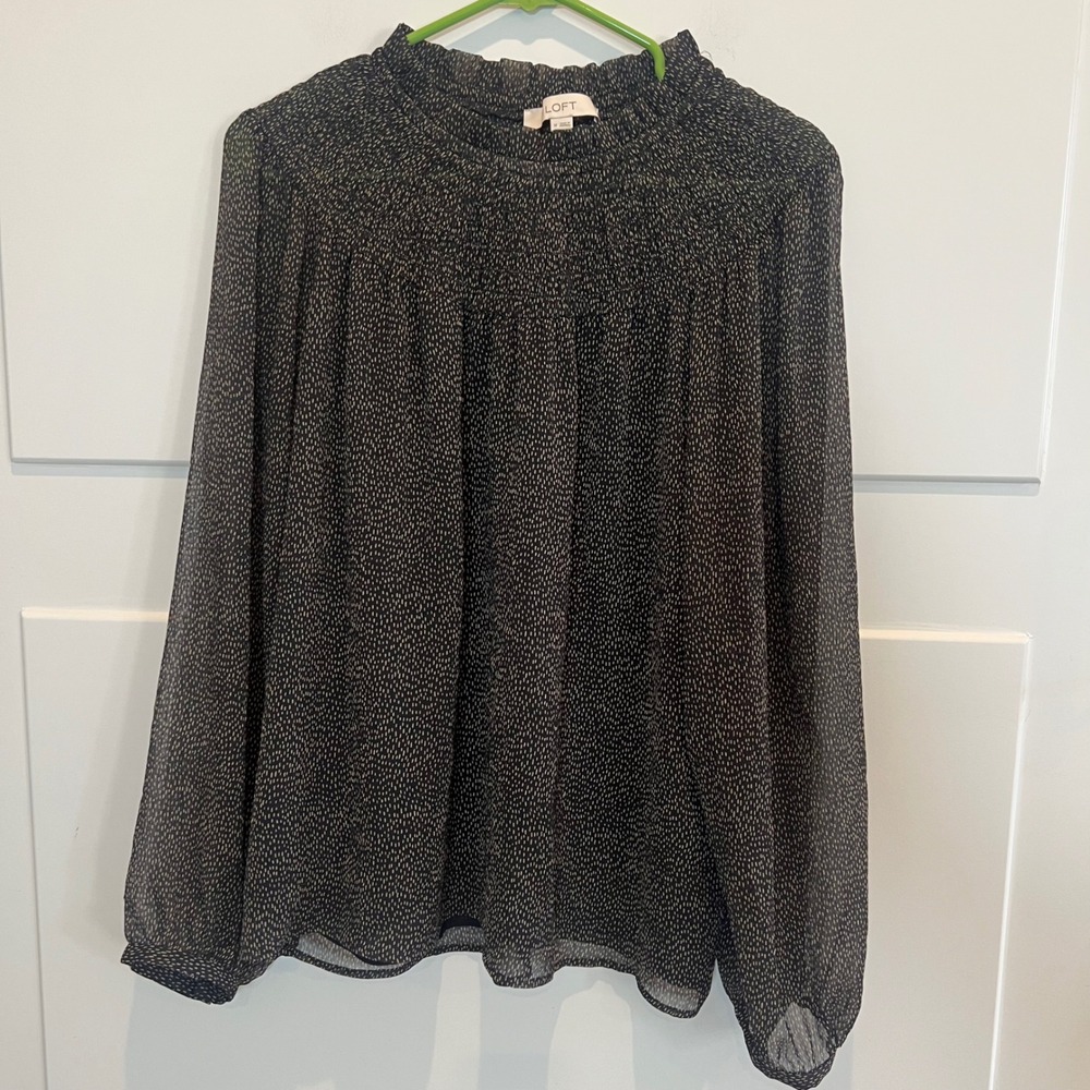 LOFT Womens Med Blouse Long Sleeve Smocked Mock‎ Neck Sheer Black Beige Print